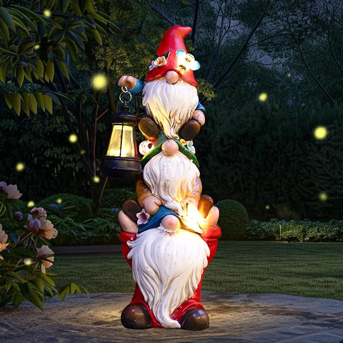 17 in Large Garden Gnome Statue with Solar Lights Sculptures Funny Triple Big Gnome Outdoor Patio Lawn Yard Balcony Garden Home Decor Gifts for Women Mom-Ruum Studio Home