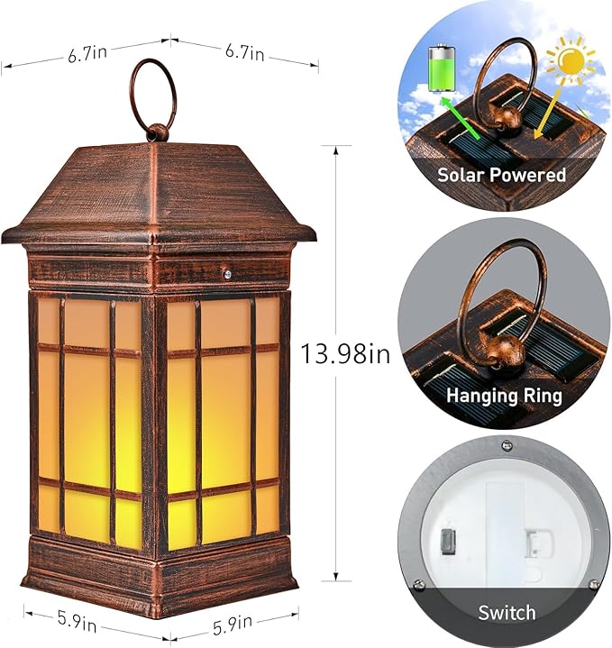 14" Solar Lantern Outdoor Waterproof, Glass Flickering Flame Solar Lanterns, Hanging Metal Lantern Decorative for Patio Front Porch Garden Backyard Tabletop Party Decoration-Ruum Studio Home