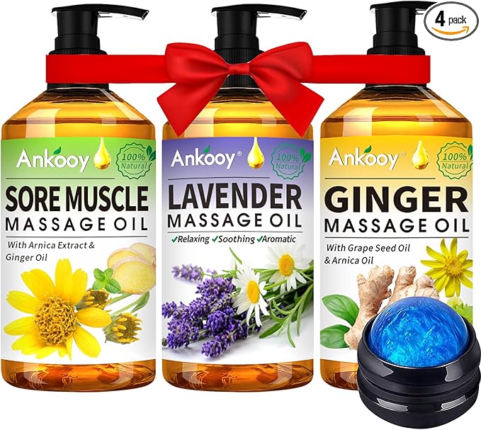 3 Pack Massage Oil for Massage Therapy,Sore Muscle Arnica Oil & Relaxing Lavender Oil & Ginger Oil Lymphatic Drainage & Massage Ball,Lymphatic Drainage Massager Body Oil,Massage Kit Gifts for Women-Ruum Studio Home