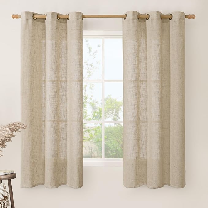 LAMIT Sheer Linen Curtains 63 Inches Long for Bedroom, Faux Linen Textured Light Filtering Drapes Bronze Grommet Semi Sheer Neutral Panels for Farmhouse, 2 Panels, 34 x 63 Inch, Brown-Ruum Studio Home