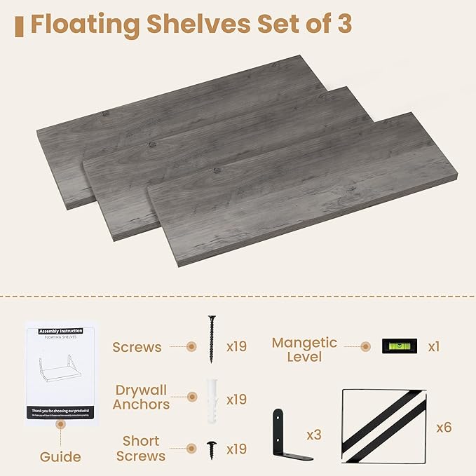Heimlove Floating Shelves for Wall 24 Inches,8 Inches Deep Wall Bookshelf Mounted Display&Storage Wood Shelves for Kitchen Bathroom Laundry Living Room,Set of 3 (Silver Grey)-Ruum Studio Home