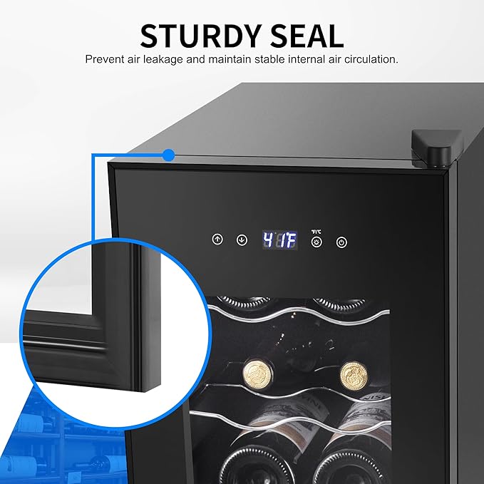 Wine Cooler Refrigerator 12 Bottles, Small Wine Fridge Mini Wine Fridge Countertop with Glass Door Wine Cellars for Red Wine, Champagne, Dry White Wine, Sparkling Wines-Ruum Studio Home