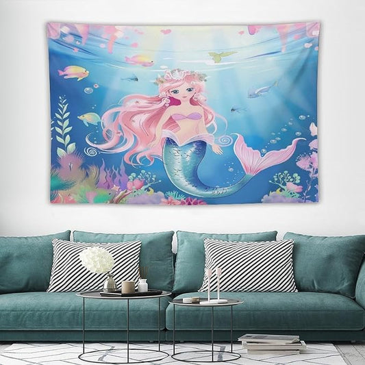 HZOHNAGO Mermaid Girls Tapestry Watercolor Mermaid Princess Pattern Printed Wall Tapestry Wall Hanging for Bedroom Living Room Dorm 90" W x 60" H-Ruum Studio Home