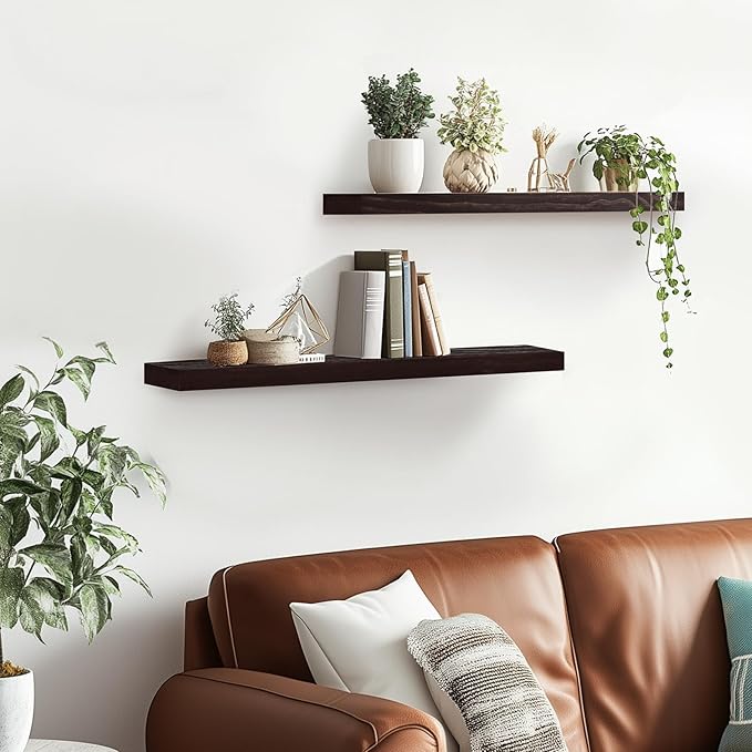 Floating Wall Shelves 2-Pack - 24-Inch Rustic Black Wooden Shelves for Storage and Décor, Easy Installation for Living Room, Bedroom, and Kitchen-Ruum Studio Home