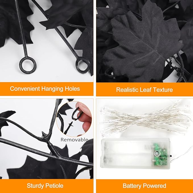 Joyhalo 2 Pack Halloween Garland with Lights, Black Maple Leaves Lighted Garland for Mantle, 5.7FT Light Up Leaf Autumn Vines Outdoor for Door Frame, Fireplace and Thanksgiving Fall Decor-Ruum Studio Home