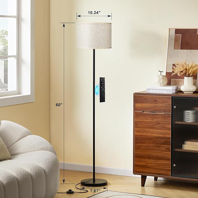 Ambimall 60'' Modern Floor Lamp with Remote, Tall Lamps for Living Room, Bedroom, Office, Dining Room, Beige Shade with Black Pole(Included Bulb)-Ruum Studio Home