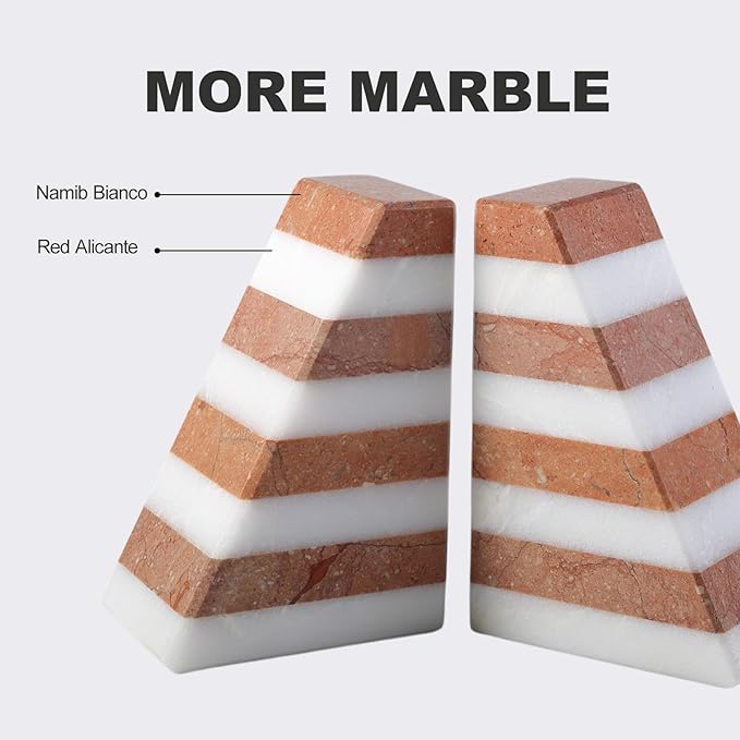 Marble Book Ends, Non-Skid Bookends for Shelves, Composite Bookend with Natural Stone, Heavy Duty Book Stopper, Collected CDs and Oversized Books Organizer, White & Red Decorative Bookends-Ruum Studio Home