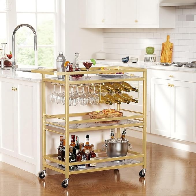 Leteuke Bar Cart for Home, 3 Tier Gold Serving Rolling Carts with Wheels, Drink Cart, Liquor Stand with Marbled Wooden Shelves, Wine Rack and Glass Holder for Kitchen, Dining Room-Ruum Studio Home