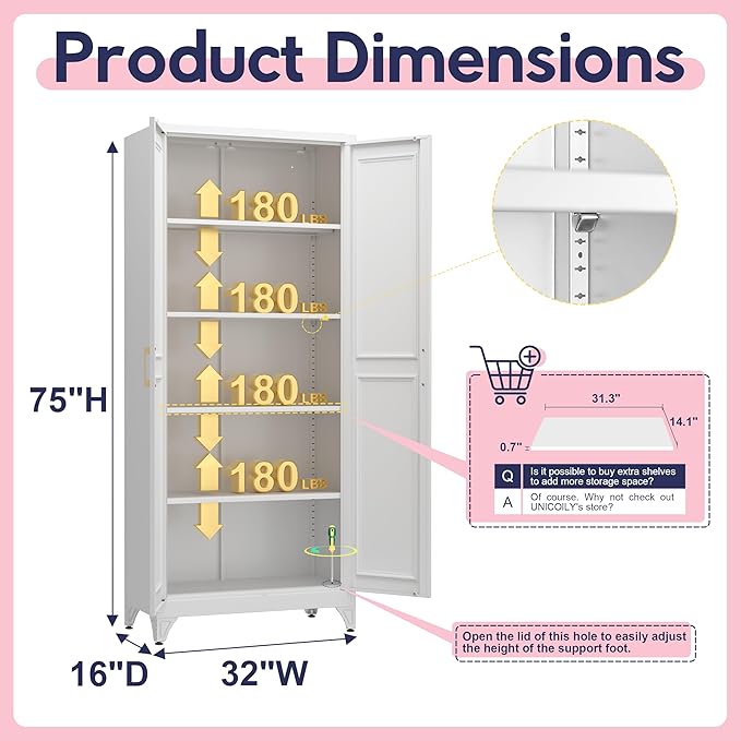 75" Storage Cabinet, Metal Pantry Cabinet, Kitchen Pantry Storage Cabinets with Doors and 4 Shelves, Cabinets for Laundry Room, Living Room, Dinning Room, Assembly Required, White-Ruum Studio Home
