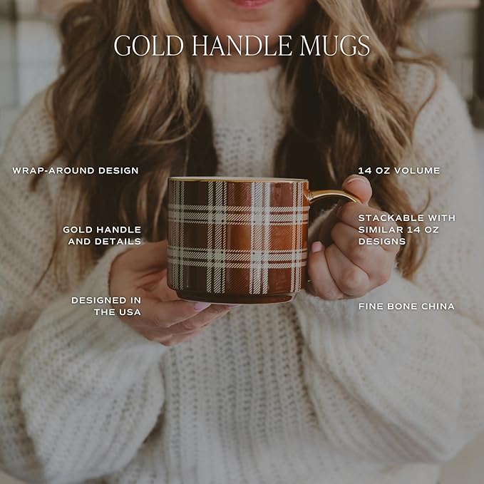 Sweet Water Decor Brown Plaid Mug with Gold Handle, 14oz Fine Bone China Coffee Cup for Tea, Latte, or Hot Cider, Cozy Fall Drinkware, Housewarming & Hostess Gift for Autumn and Thanksgiving-Ruum Studio Home