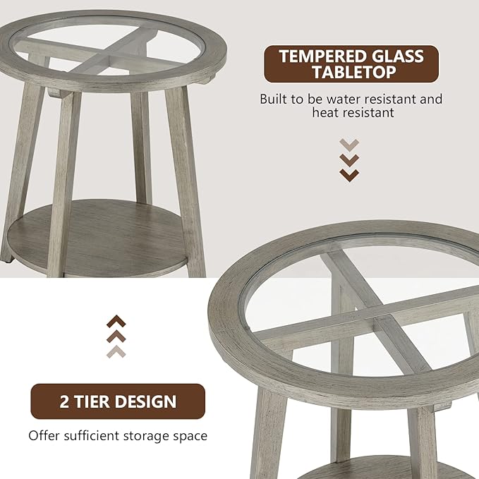 COSIEST 2-Tier End Table with Tempered Glass Top, Round MDF Side Table with Storage Shelf, Modern Wood Accent Table for Bedroom Living Room Home Office, Antique Silver-Ruum Studio Home