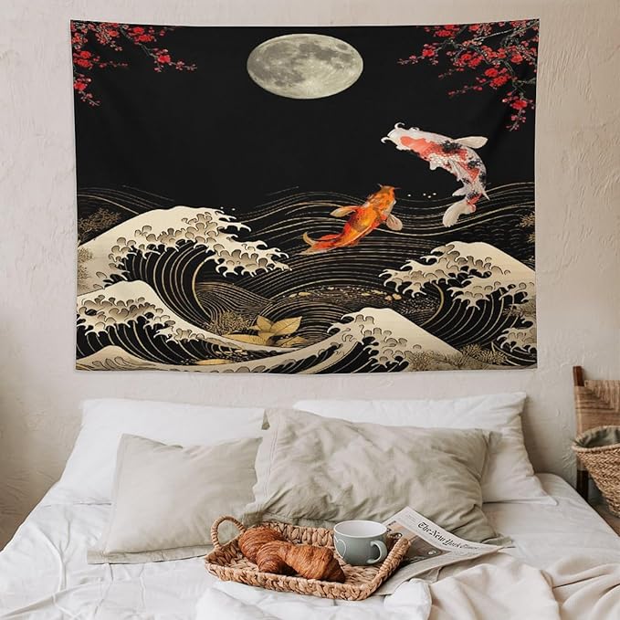 Houselerax Koi Fish Tapestry, Japanese Style Yin Yang Big Wave Cherry Blossom Tapestries Wall Hanging for Bedroom Living Room Office Decor 80"x60"-Ruum Studio Home