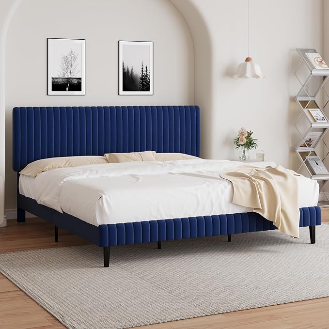 King Size Bed Frame and Headboard, Velvet Upholstered Platform Bed with Vertical Channel Tufted Headboard and Footboard, No Box Spring Required, Easy Assembly, Blue-Ruum Studio Home