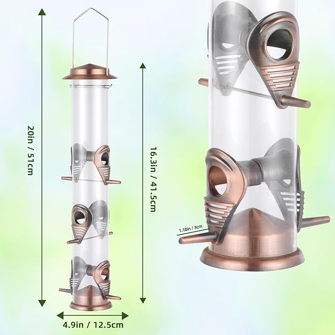 MIXXIDEA Metal Tube Bird Feeders for Outdoors - 6 Ports Hanging Feeder Attracts Wild Birds in Your Lawn, Garden, Balcony - Antique Copper - 1 Pack-Ruum Studio Home