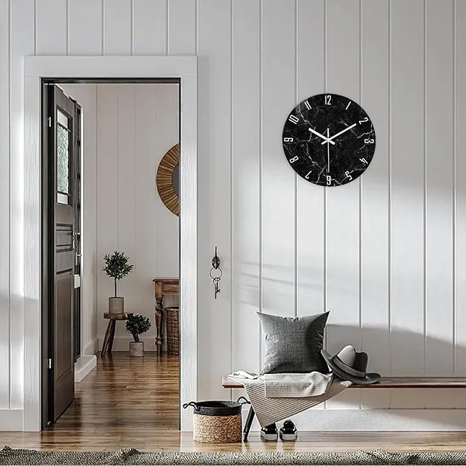Black Wall Clock for Bedroom Glass Modren Wall Clock Battery Operated 14 Inch Analog Wall Clock Non Ticking-Ruum Studio Home