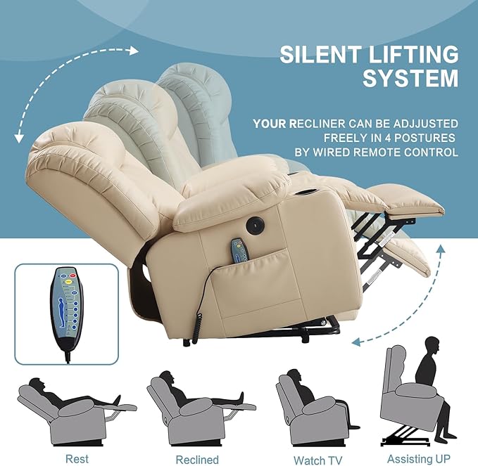 PARKOL Power Lift Recliner Chair for Elderly Breathable Leather Recliner Chair with Massage and Heat,2 Cup Holders,Electric Stand Assist,USB Ports,Gifts for Family (Grey)-Ruum Studio Home