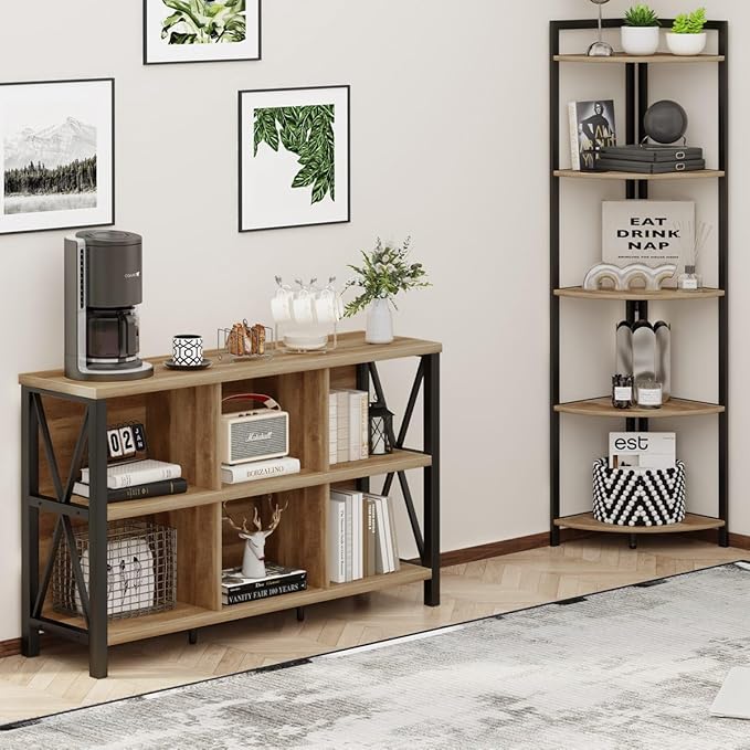 FATORRI 6 Cube Storage Organizer with Shelf, Long Wood and Metal Cubby Bookcase, Industrial Horizontal Bookshelf (Rustic Oak, 47 Inch)-Ruum Studio Home