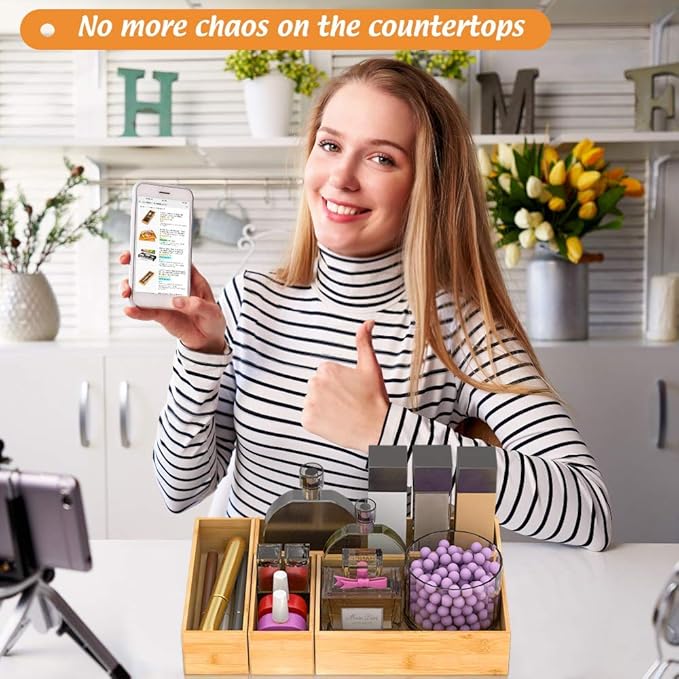 Bamboo Drawer Organizer Utensil Holder for Kitchen, Small Wood Silverware Storage Organizer, Stackable Box Tray for Cutlery, Flatware, Bathroom Caddy for Makeup, Perfume, Jewelry, 6x3x2.5 Inch-Ruum Studio Home