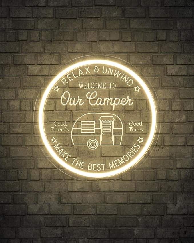 Camper LED Neon Sign for Camping Party Decor, Dimmable Neon Wall Lights Signs for Backyard Patio Garden BBQ Touring Car Decoration, 3D Art Light Up Sign for Housewarming Birthday Gifts-Ruum Studio Home