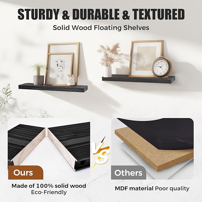 Floating Wall Shelves 2-Pack - Rustic Black 16-inch Wooden Wall Shelves for Storage and Décor, Multi-Functional and Easy to Install for Living Room, Bedroom, and Kitchen-Ruum Studio Home