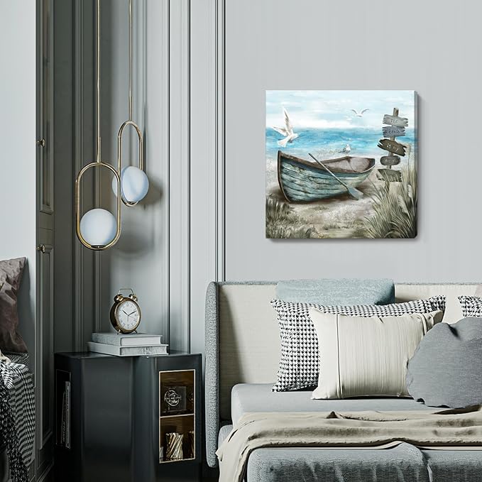 Canvas Wall Art Beach Décor Wall Picture Rustic Coastal Sand Canvas Print Ocean Nautical Painting Seascape Sea Bird Vintage Ship Boat Artwork for Seaside Living Room Bedroom Bathroom Decor Blue Large-Ruum Studio Home