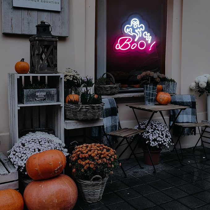HRGXYUN Halloween Dimmable Ghost Neon Sign, Pink Boo Neon light for Wall Decor,Custom Neon Sign for Bar Club Ghost Room Decoration,5V USB Power 11.8 * 9.85in-Ruum Studio Home