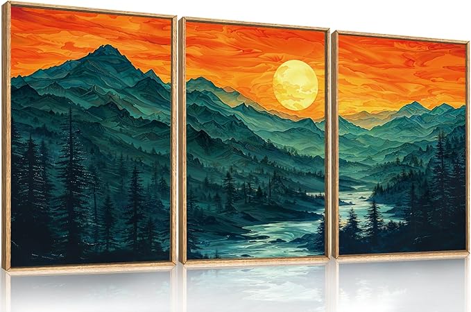 Woodland Mountain Framed Canvas Wall Art Set, Abstract Ridge Wall Painting, Boho Sunset Scenery Wall Decor, Modern Natural Landscape Art Print for Living Room, Bedroom, Office - 16"x24"x3-Ruum Studio Home