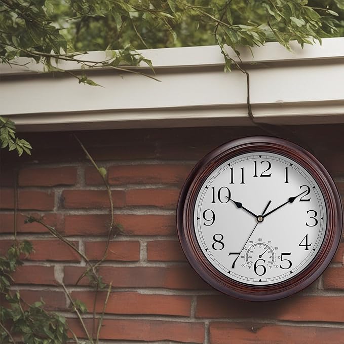 12 Inch Outdoor Wall Clock with Thermometers, Vintage Silent Wall Clocks Battery Operated, Retro Non-Ticking Clock Decorative for Living Room, Patio, Kitchen, Office, Bathroom, Bedroom(Bronze)-Ruum Studio Home