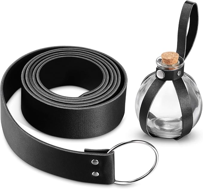 Boao Potion Bottles with Cork Set Dark Magic Cork Round Potion Bottle with Leather Belt Clear Glass Large for Halloween Costume Props DIY Crafts Decorative, 200 ml(Black)-Ruum Studio Home