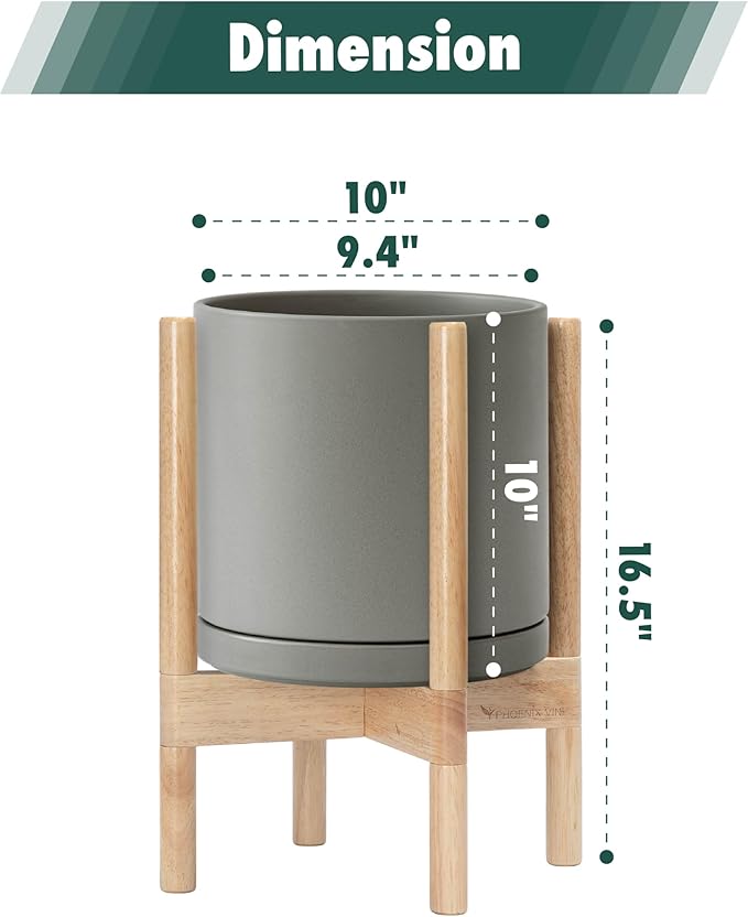 D'vine Dev Ceramic Planter with Natural Stand - 10 Inch Modern Round Flower Pot with Wood Planter Holder, Grey, 55-B-K-3-Ruum Studio Home