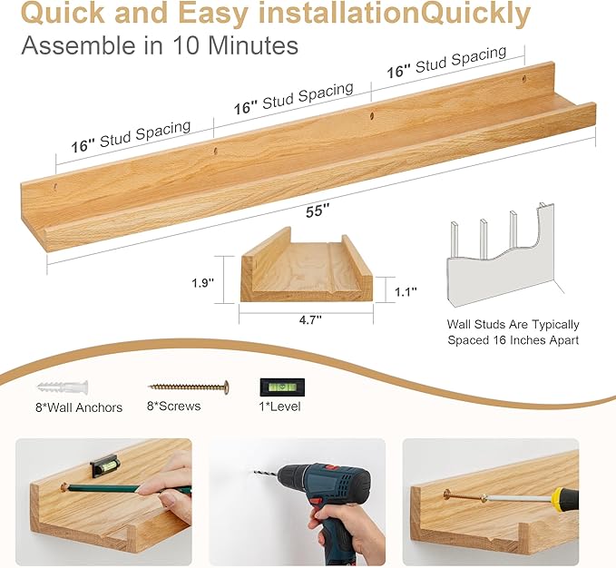 Floating Picture Ledge Shelves 55 Inch Solid Oak Wood Set of 2, Rustic Wall Storage Shelves with Lip, Kids Bookshelf, Photo & Picture Ledge Shelves for Bedroom, Living Room, Kitchen-Ruum Studio Home