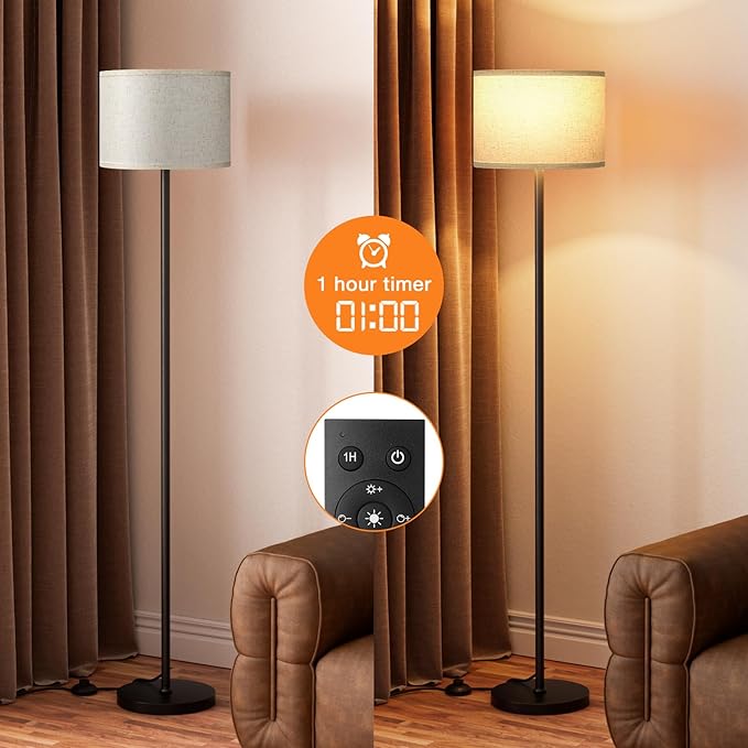 Ambimall 60'' Modern Floor Lamp with Remote, Tall Lamps for Living Room, Bedroom, Office, Dining Room, Beige Shade with Black Pole(Included Bulb)-Ruum Studio Home