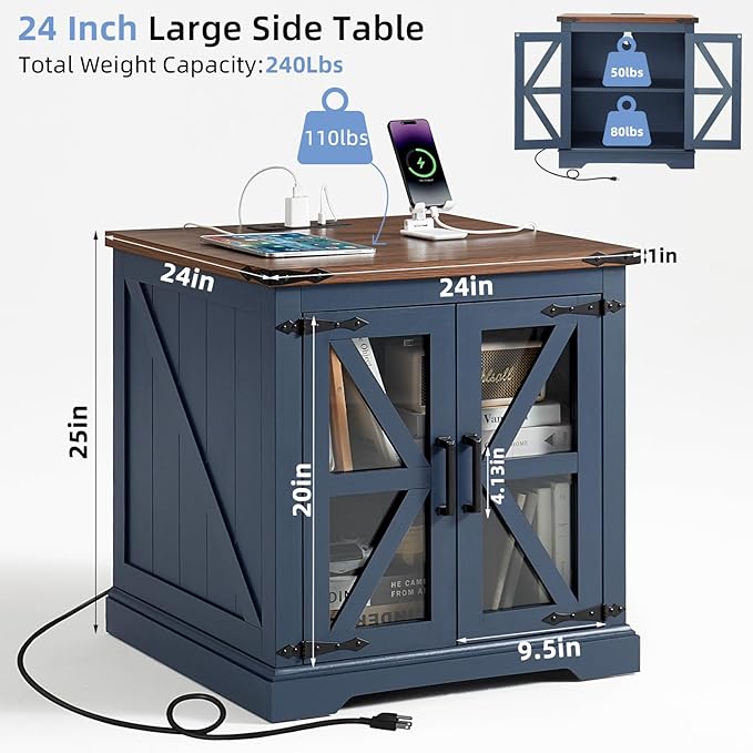 Farmhouse End Table Set of 2 with Charging Station, 24" Large Sofa Side Table with Glass Barn Door, Night Stand with Adjustable Shelf, Wood Nightstand, Square Bed Side Table for Living Room,Bedroom-Ruum Studio Home