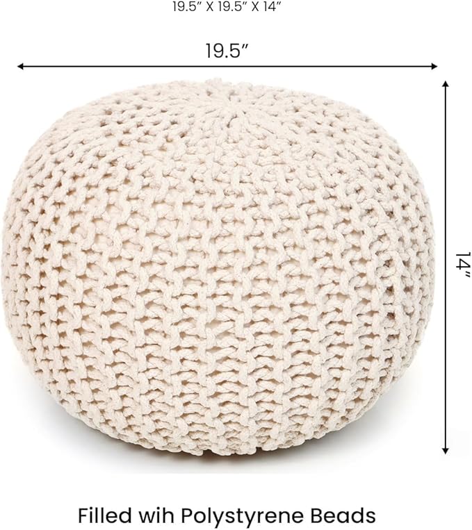 REDEARTH Round Pouf Ottoman - Cable Knitted Boho Poof - Home Décor Cord Pouffe Handmade Circular Footrest for Living Room - Bedroom - Kids Bedroom - 100% Cotton Pouf (19.5"x19.5"x14") - Natural-Ruum Studio Home