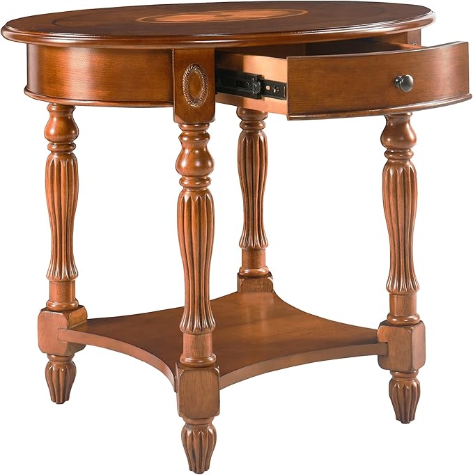 Solid Wood End Table with Drawer and Storage Shelf, Oval Sofa Side Table with Carved Legs, Living Room Corner Table, Large Beside Table, Elegant Vintage, No-Tools Assembly, Caramel Brown CJZ1533MG-Ruum Studio Home