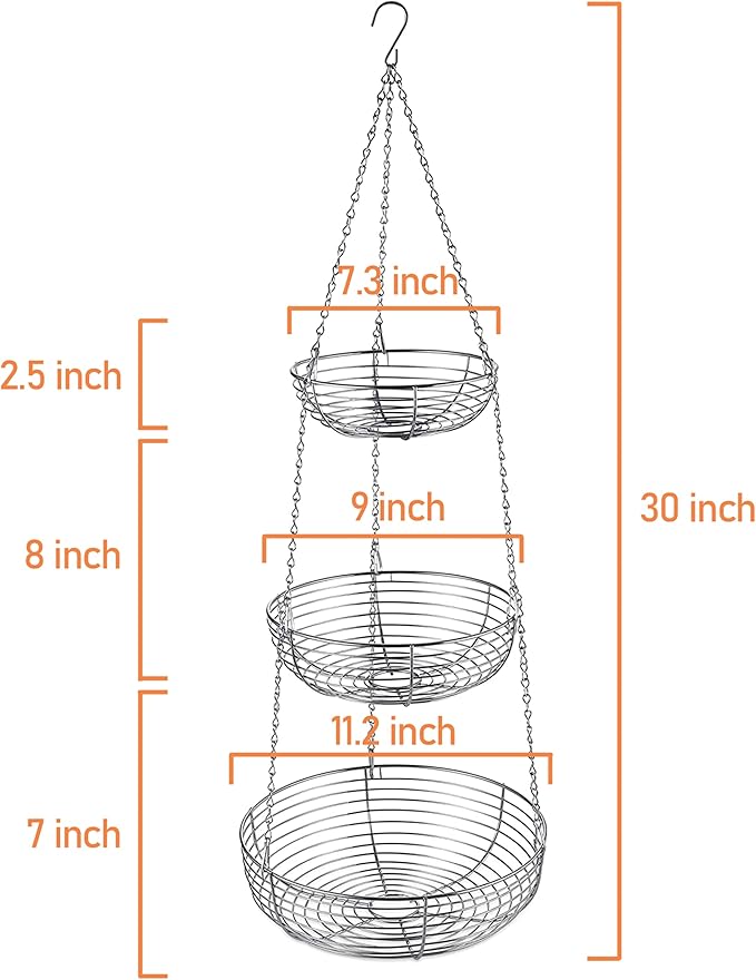 CAXXA 3-Tier Hanging Basket Fruit Organizer Kitchen Heavy Duty Wire Organizer with 2 Free Bonus Metal Ceiling Hooks, Chrome-Ruum Studio Home