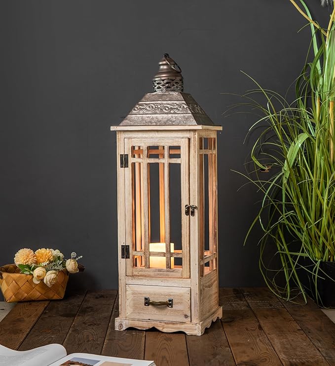 TIMRIS Large Rustic Wooden Metal Decorative Lantern Set of 2, Modern Farmhouse Floor Candle Lanterns with Drawer, Indoor/Outdoor Hanging Lanterns for Home Decor (No Glass)-Ruum Studio Home