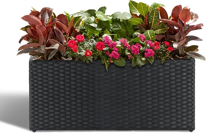 LEWIS&WAYNE Large Rectangular Block Planter Box Handmade Wicker Tall Planters for Outdoor Plants with Removable Liners Modern Planter for Indoor Outdoor Patio Deck - Black, 30''x12''x16''-Ruum Studio Home