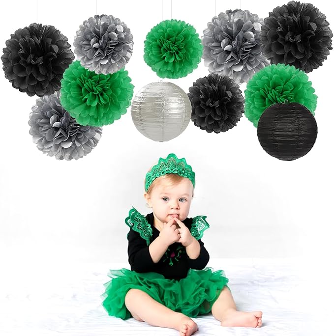 Green-Black Silver Party-Decorations Paper Flowers Lanterns - 15PCS Football Game Day Birthday Tissue Pom Poms Streamers, Bachelorette New Years Hanging Supplies Decor Hugfond-Ruum Studio Home