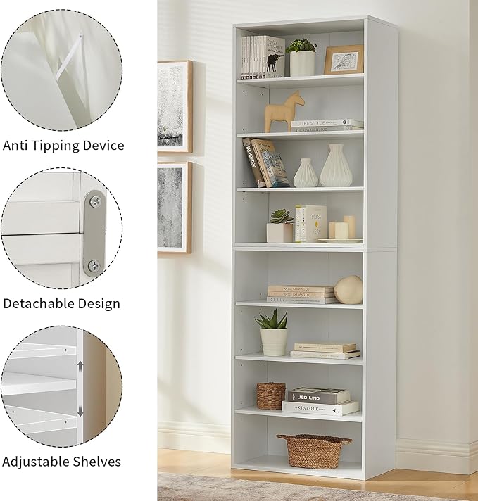 71 Inch Tall 8-Shelf Bookcase, Wood Bookshelf Storage Organizer Adjustable Shelf for Home Office Living Room, Converts into Two 4-Shelf Bookshelves, White-Ruum Studio Home