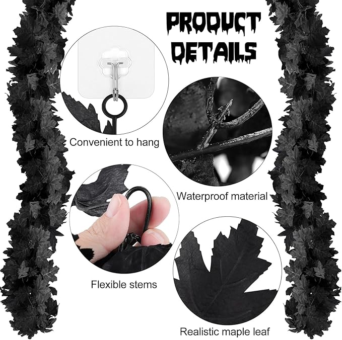 Joyhalo 8 Pack 5.7FT Black Maple Leaf Garland,Halloween Artificial Hanging Black Vines,Halloween Outdoor Garland for Mantle,Door Frame,Fireplace and Thanksgiving Decor-Ruum Studio Home
