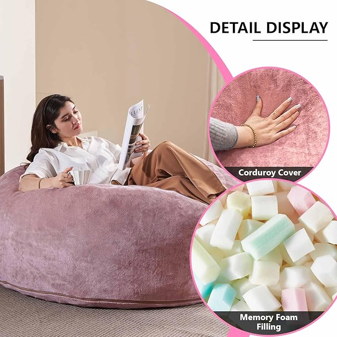 5FT，Big Bean Bag Chairs for Adults，Large beanbag with Filler Included，Memory Foam Material，Easy to Clean and Washable Corduroy Fabric，Suitable for Living Room and Bedroom (Pink, 5 Foot)-Ruum Studio Home