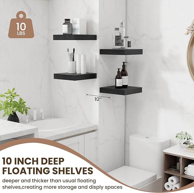 Fun Memories Floating Shelves for Wall 10 Inch, 10 Inch Deep Square Wall Shelves, Bathroom Storage Shelves Over Toilet, Wood Floating Shelves for Living Room Bedroom, Black, Set of 2-Ruum Studio Home
