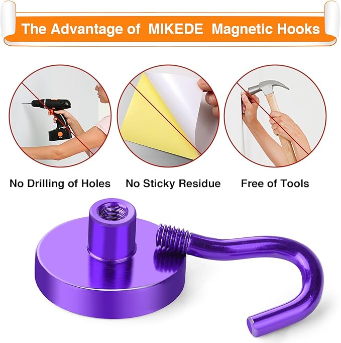 MIKEDE Magnetic Hooks, 40Lbs+ Heavy Duty Magnet Hooks for Cruise Cabins, Super Neodymium Hanging Hooks Strong Magnets with Hook for Fridge, Magnetic Hanger for Grill, Toolbox, Storage(Purple, 10 Pack)-Ruum Studio Home