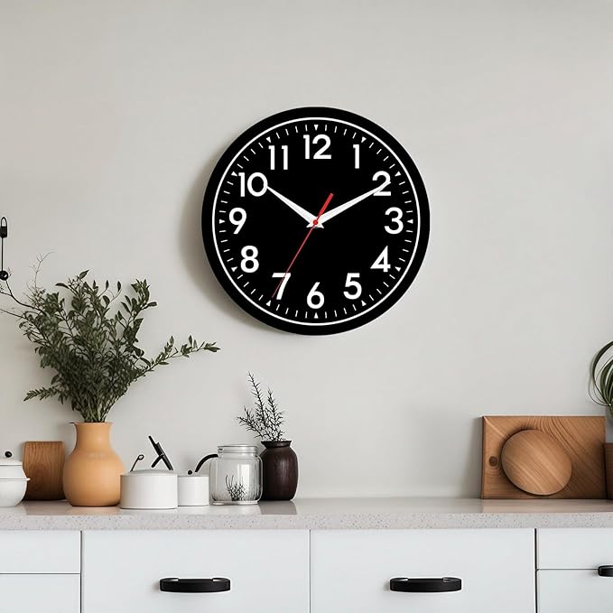 Wall Clock Black Battery Operated 10 Inch Simpel Silent Non Ticking Analog Decorative for Kitchen Bathroom Bedroom Office Living Room School Classroom(Black)-Ruum Studio Home