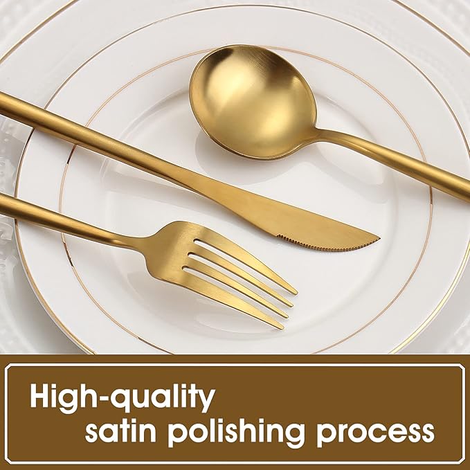 Matte Gold Silverware Set, 40-Piece Stainless Steel Flatware Set, Tableware Cutlery Set Service for 8, Satin Finish Utensils Set, Knife Fork Spoon Set for Home and Restaurant, Dishwasher Safe-Ruum Studio Home