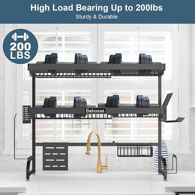 Over The Sink Dish Drying Rack,3 Tier Adjustable Length (25.5'' to 37.4'') Full Stainless Steel Large Storage Kitchen Dish Rack,for Kitchen Counter Expandable Multifunctional Organizers,Black-Ruum Studio Home