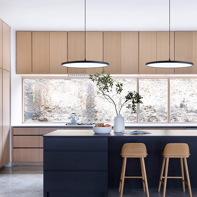 MADEM Modern LED Pendant Light 23.6'' Disc Chandelier Hanging Lighting Fixture with Acrylic Shape Dimmable Office Chandelier 6000K for Office Room Football Bedroom Decor Kitchen Island, Black-Ruum Studio Home