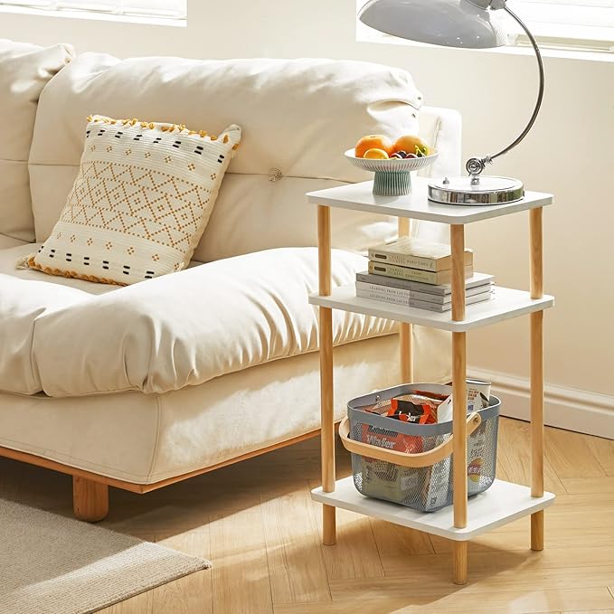 IBUYKE 3-Tier Side Table, Solid Wood Tall End Table with Storage Shelves, Nightstand Bedside Table for Living Room Bedroom Office, No-Tool Assembly, White UWST003W-Ruum Studio Home