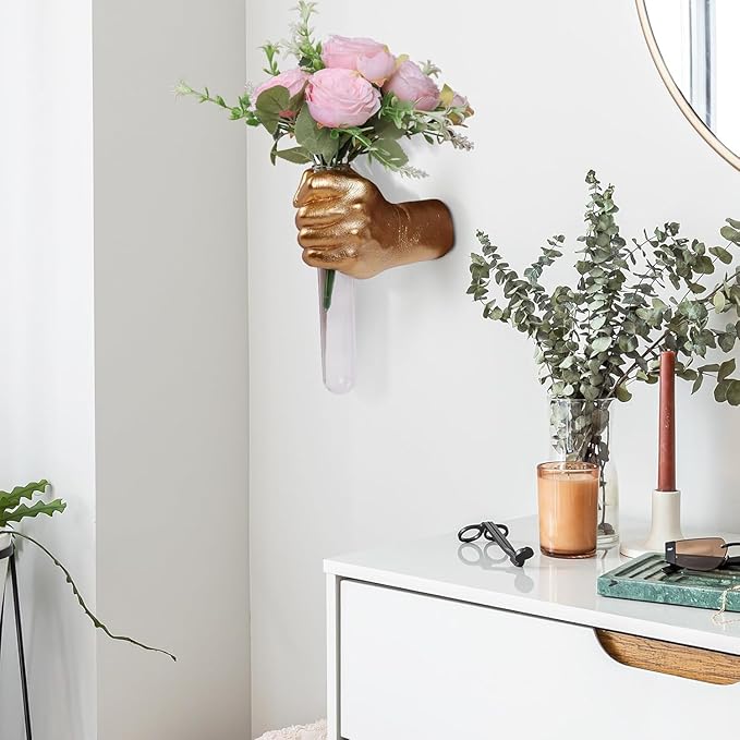 Gold Wall Sculptures, Hand Vases Home Decor, Wall Mount Art Sculpture, Unique Wall Art Statue, Funky Flower Vase Decorations, Modern Eclectic Hanging Decor,Glass Test Tube Vase-Ruum Studio Home
